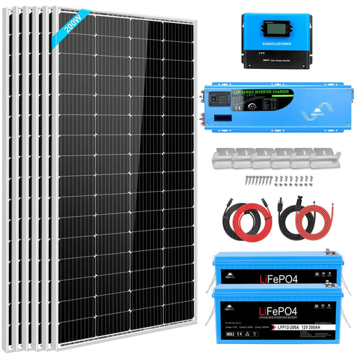 SunGold Power | Off Grid Solar Kit 4000W Inverter 12VDC 120V/240V LiFePO4 Battery 1200 Watt Solar Back Up