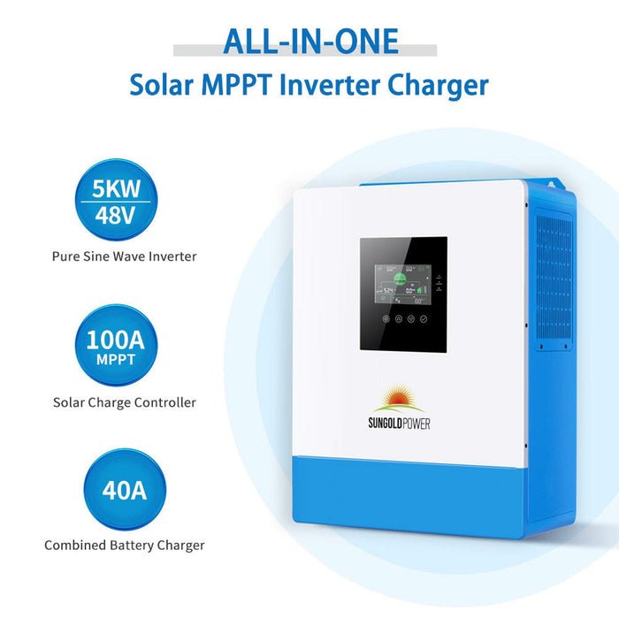 SunGold Power | Off-Grid Solar Kit 5000W 48VDC 120V 5.12KWH PowerWall Battery | 6x 200 Watts Solar Panels