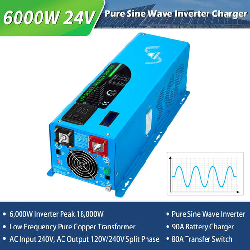 SunGold Power | Off Grid Solar Kit 6000W 24VDC 120V/240V LiFePO4 10.24KWH Lithium Battery | 6x 370 Watt Solar Panels