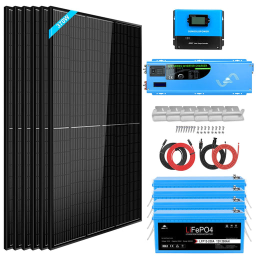 SunGold Power | Off Grid Solar Kit 6000W 48VDC 120V/240V LifePO4 10.24KWH Lithium Battery | 6x 370 Watt Solar Panels