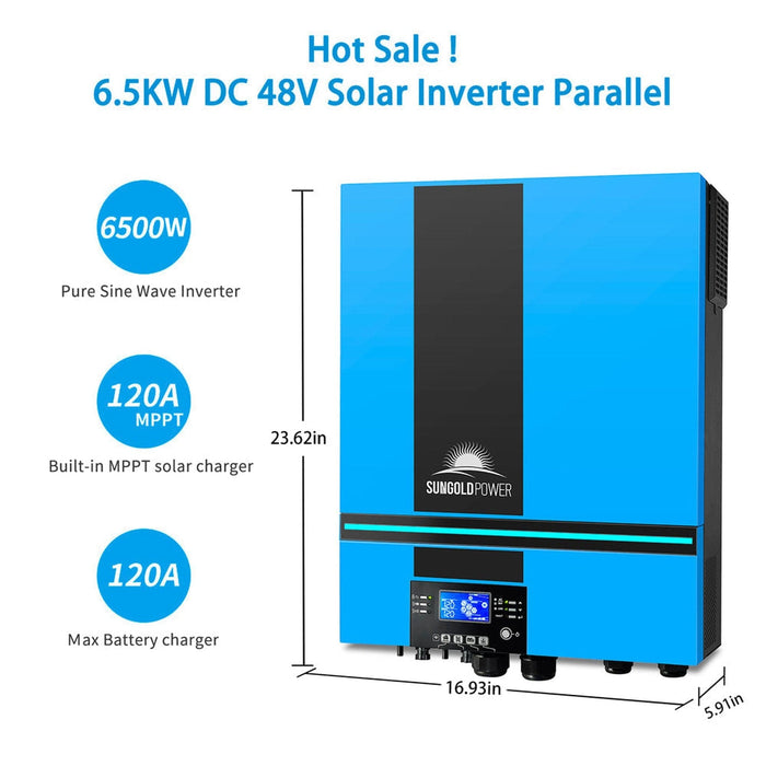 SunGold Power | Off-Grid Solar Kit 6500W 48VDC 120VAC 5.12KWH PowerWall Lithium Battery | 4x 370 Watts Solar Panels