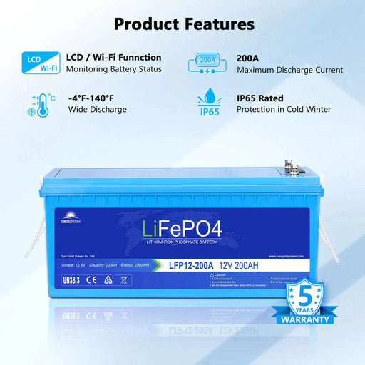 SunGoldPower 4 X 12V 200AH LIFEPO4 Deep Cycle Lithium Battery / Bluetooth /Self-Heating / IP65